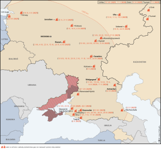Mapa. Ukraińskie ataki na rosyjskie rafinerie w okresie 1 lipca 2025 – 1 marca 2026 roku
