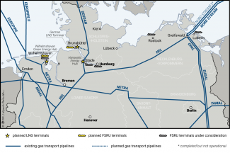 Map. The location of planned LNG and FSRU terminals in Germany