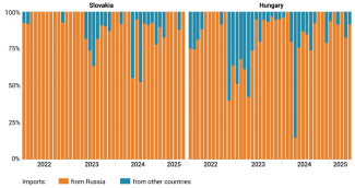 Chart. Proportions of monthly crude oil imports by Slovakia and Hungary between January 2022 and June 2025