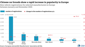 New vehicle registrations for selected manufacturers in Europe between January and November 2025