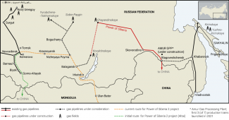 Map. Existing and planned routes for Russian gas exports via pipelines to China