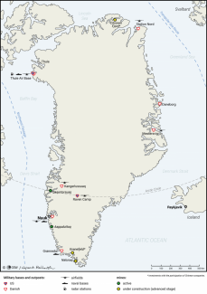 Map. Greenland – military facilities, mining projects and Arctic sea routes 