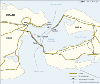 Mapa. Infrastruktura drogowa Cieśniny Kerczeńskiej. Miejsce ataku na Most Krymski