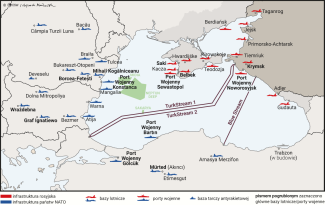 Mapa. Infrastruktura wojskowa i morska infrastruktura energetyczna w regionie Morza Czarnego