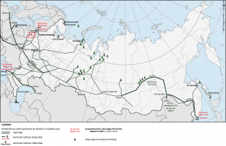 Mapa. Infrastruktura przesyłowa wykorzystywana do eksportu ropy z Rosji