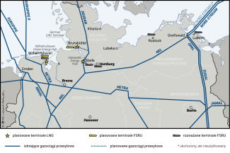 Mapa. Lokalizacja planowanych terminali LNG i FSRU w Niemczech