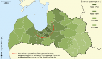 Map 1. The Riga metropolitan area contrasted with the average income in Latvia in 2021