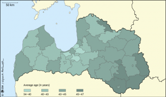 Map 2. Average age of residents of individual regions of Latvia