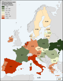 Map 2. Difference between maize exports and imports in EU member states and Ukraine in 2024