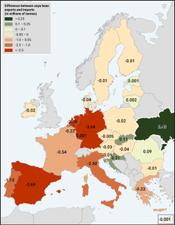 Map 5. Difference between soya bean exports and imports in EU member states and Ukraine in 2024