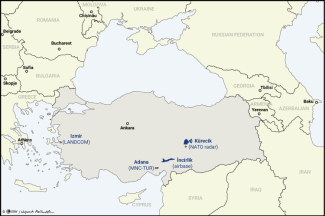 Map. NATO installations and elements of command and force structures in Turkey.
