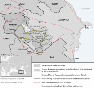 Map. Armenia and Azerbaijan. The area affected by the conflict over Nagorno-Karabakh (30 September 2020)