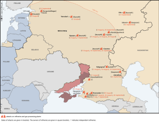 Map. Attacks on Russian refineries between 1 July – 1 October 2025