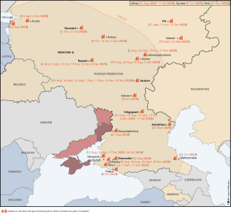 Map. Ukrainian attacks on refineries between 1 July 2025 and 1 March 2026