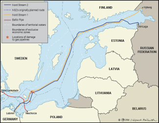 Map. Locations of damage to Nord Stream 1 and Nord Stream 2 pipelines