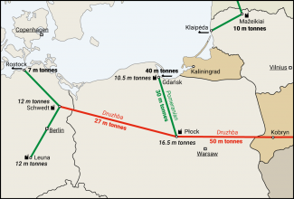Map. Oil import infrastructure (in eastern Germany and Poland)