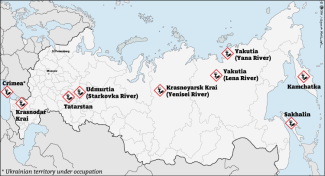 Map. Oil spills in Russia, selected examples from 2025
