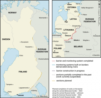 Map. Progress in the expansion of border barriers in the Baltic states and Finland