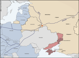 Map. Route of the Druzhba pipeline including the targeted Unecha distribution station