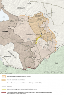 Map. The Nagorno-Karabakh region and the southern section of the border between Armenia and Azerbaijan