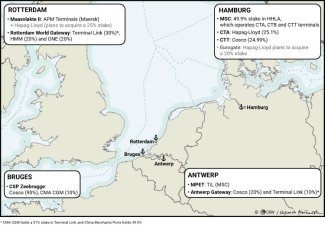 Map. The world’s leading shipping lines have a presence at the largest container terminals in the North Sea ports