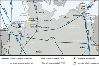 Mapa. Lokalizacja uruchomionych i planowanych terminali LNG w Niemczech