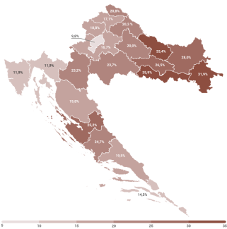 Mapa 1. Odsetek Chorwatów zagrożonych ubóstwem w 2016 roku