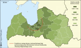 Mapa 1. Obszar metropolitalny Rygi na tle średnich dochodów Łotyszy w 2021 r.