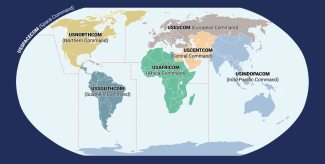 Mapa 1. Zasięg odpowiedzialności siedmiu geograficznych dowództw połączonych Sił Zbrojnych USA