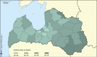 Mapa 2. Średnia wieku mieszkańców w poszczególnych regionach Łotwy