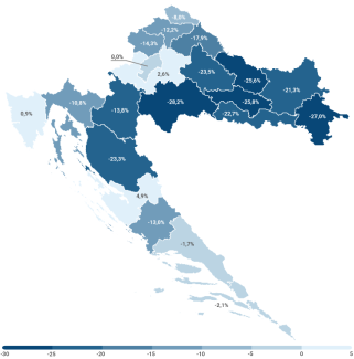 Mapa 2. Zmiana liczby ludności Chorwacji na podstawie spisów powszechnych z 2001 i 2021 roku