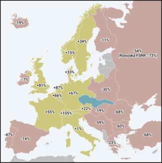 Mapa 3. Realny PKB per capita Czechosłowacji w 1929 roku na tle innych państw europejskich