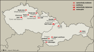 Mapa 4. Najważniejsze zakłady motoryzacyjne w Czechach i na Słowacji 