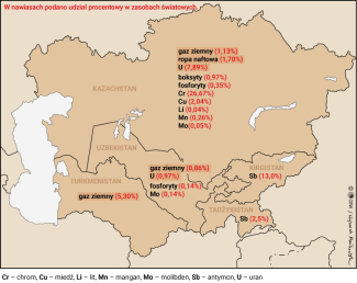 Mapa 4. Zasoby najważniejszych surowców energetycznych i krytycznych w Azji Centralnej i ich udział w skali globalnej