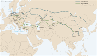 Mapa 5. Lądowe korytarze transportowe między Europą a Chinami