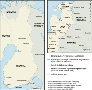 Mapa. Stan rozbudowy barier granicznych w państwach bałtyckich i Finlandii