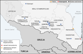 Mapa. Akty terroru na tle ekstremizmu islamskiego w Rosji od 2023 do 2025 r.