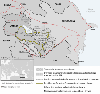 Mapa. Armenia i Azerbejdżan. Obszar konfliktu o Górski Karabach (30 września 2020 r.)