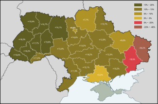 Mapa. Dynamika wzrostu dochodów hromad w 2025 r. (według obwodów)