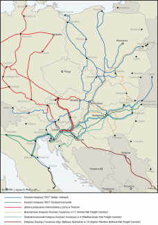 Mapa. Główne korytarze transportowe łączące porty Koper, Rijeka i Triest z państwami Europy Środkowej