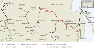 Mapa. Przebieg gazociągów z Rosji do Chin