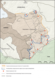 Mapa. Armenia i Azerbejdżan. Obszar konfliktu o Górski Karabach (26 października 2020 r.) 