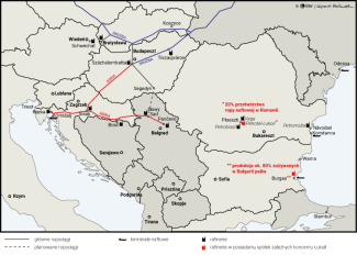 Mapa. Wybrane ropociągi i rafinerie w państwach Europy Środkowej