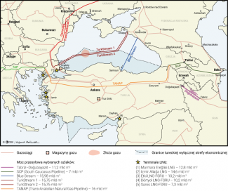 Mapa. Sieć gazociągowa i terminale w Turcji
