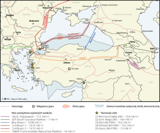 Mapa. Sieć gazociągowa i terminale w Turcji