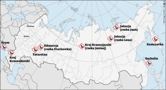 Mapa. Wycieki materiałów ropopochodnych w Rosji w 2025 roku