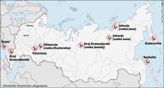 Mapa. Wycieki materiałów ropopochodnych w Rosji w 2025 roku