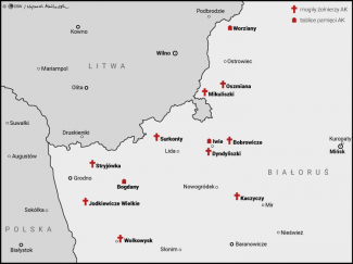 Mapa. Mogiły i miejsca pamięci żołnierzy Armii Krajowej zniszczone na Białorusi od czerwca 2022 r. do 12 kwietnia 2023 r.