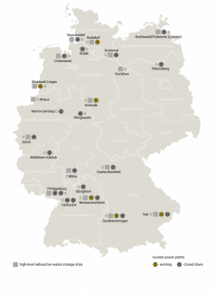 Map. Temporary storage sites for high-level radioactive waste in Germany