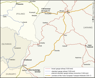Rail infrastructure and selected transhipment terminals in western Ukraine